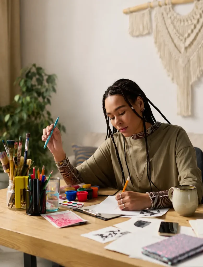 A person colouring at a table with markers and an adult coloring book during a relaxing evening routine.