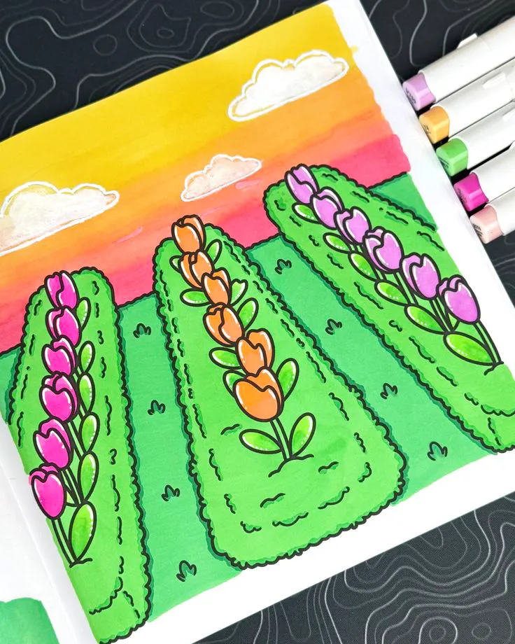 Finished tulip coloring page showcasing simple shading and blending techniques for beginners.