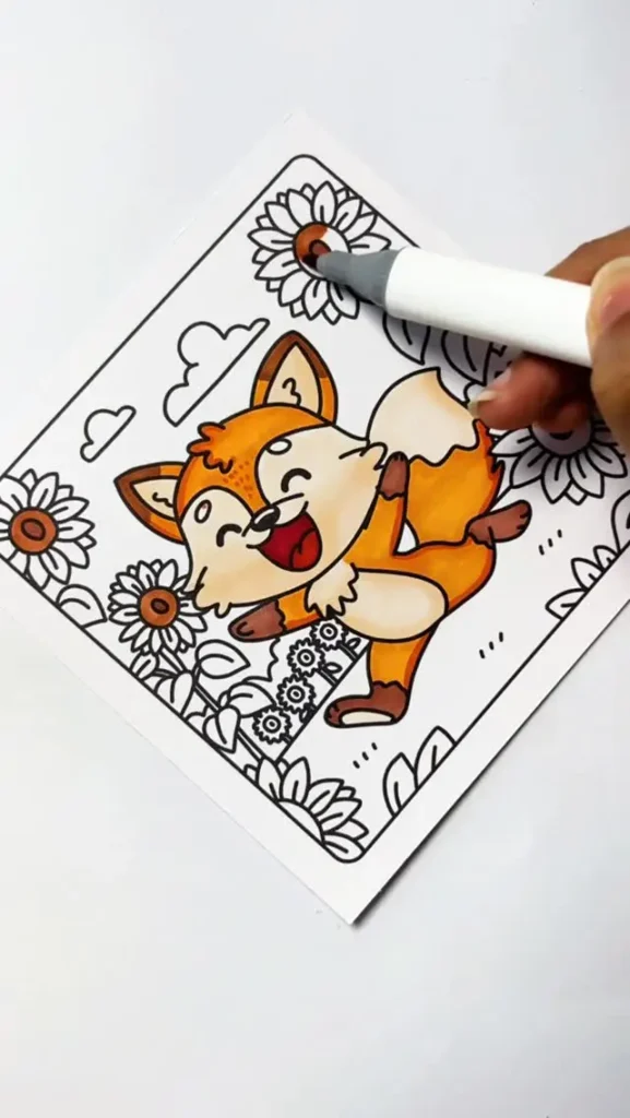 Beginner coloring a cute fox page with alcohol markers in a Sticker & Shade adult coloring book.