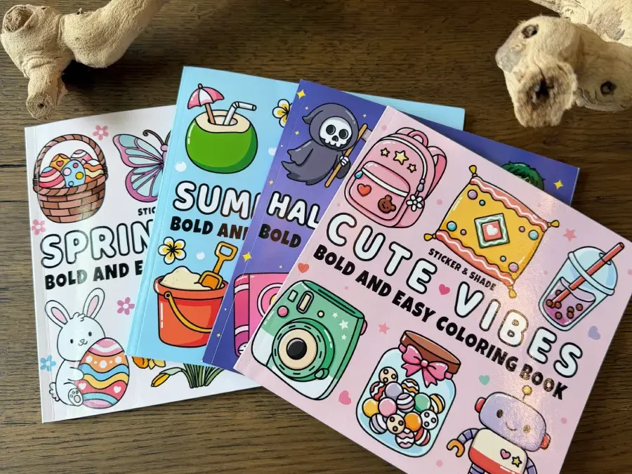 Collection of adult coloring books featuring spring, summer and cute themed designs for relaxation and creative self-care.