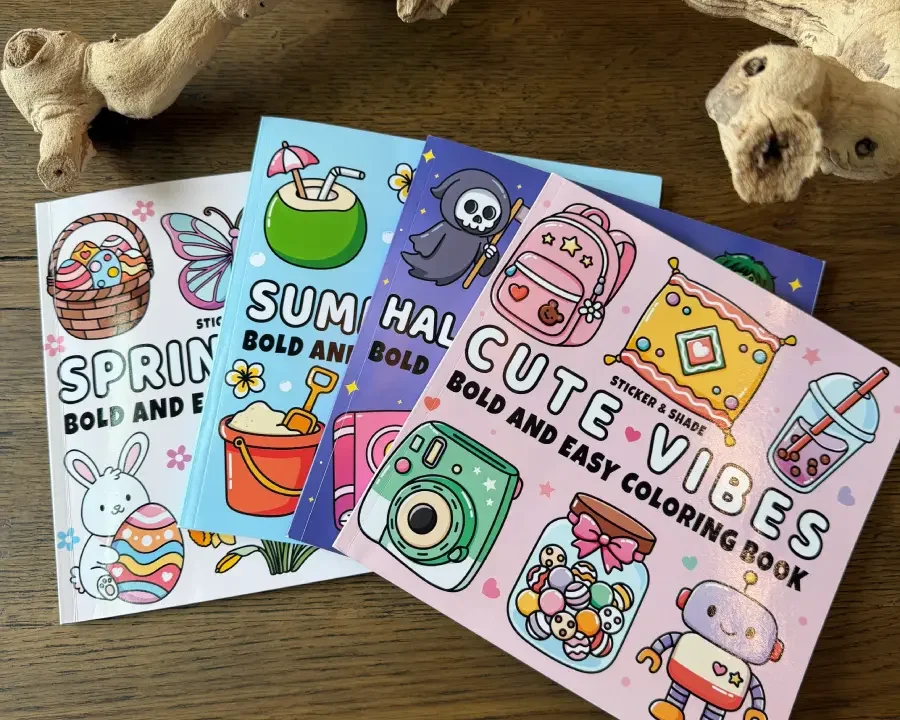 Collection of adult coloring books featuring spring, summer and cute themed designs for relaxation and creative self-care.
