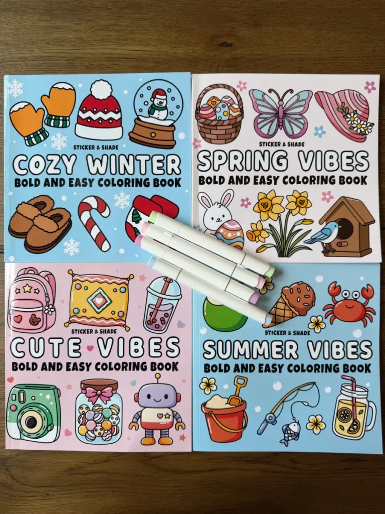 Spring Vibes and Summer Vibes bold and easy coloring books designed for stress relief, relaxation and beginner adult colorists.