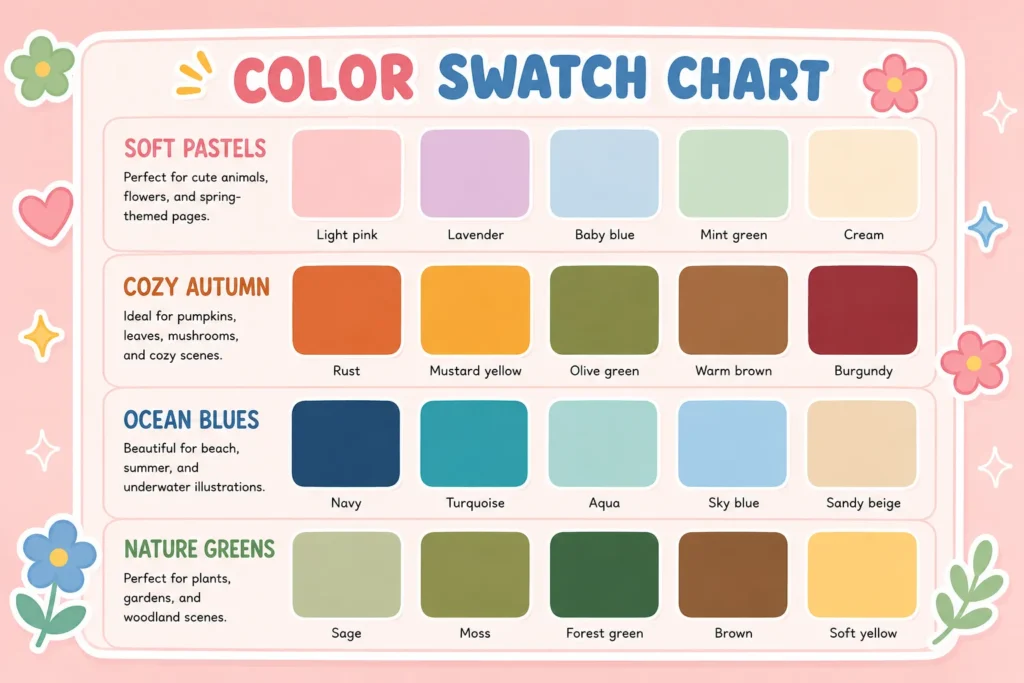 Color swatch chart featuring soft pastels, cozy autumn, ocean blues, and nature greens for coloring books.
