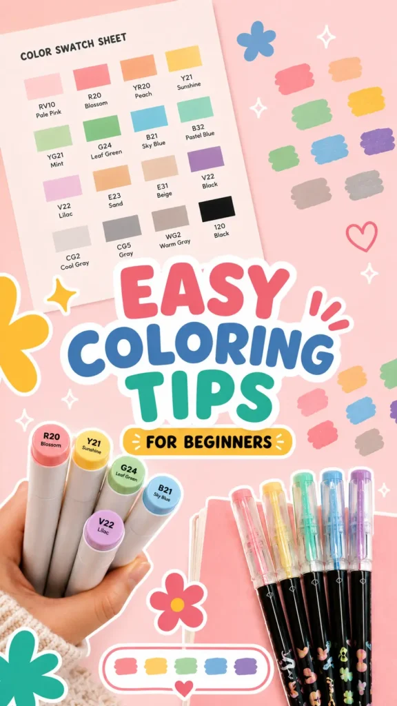 Beginner coloring guide featuring alcohol markers, color swatches, and easy coloring tips for beginners.