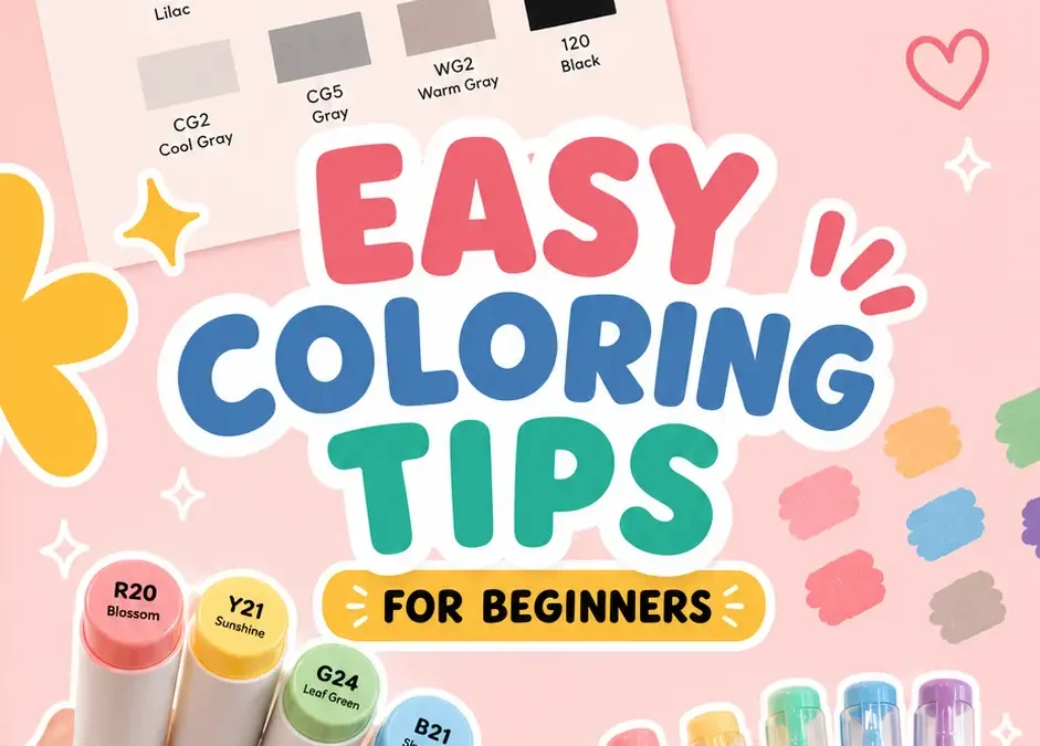 Beginner coloring guide featuring alcohol markers, color swatches, and easy coloring tips for beginners.