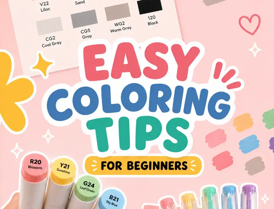 Beginner coloring guide featuring alcohol markers, color swatches, and easy coloring tips for beginners.