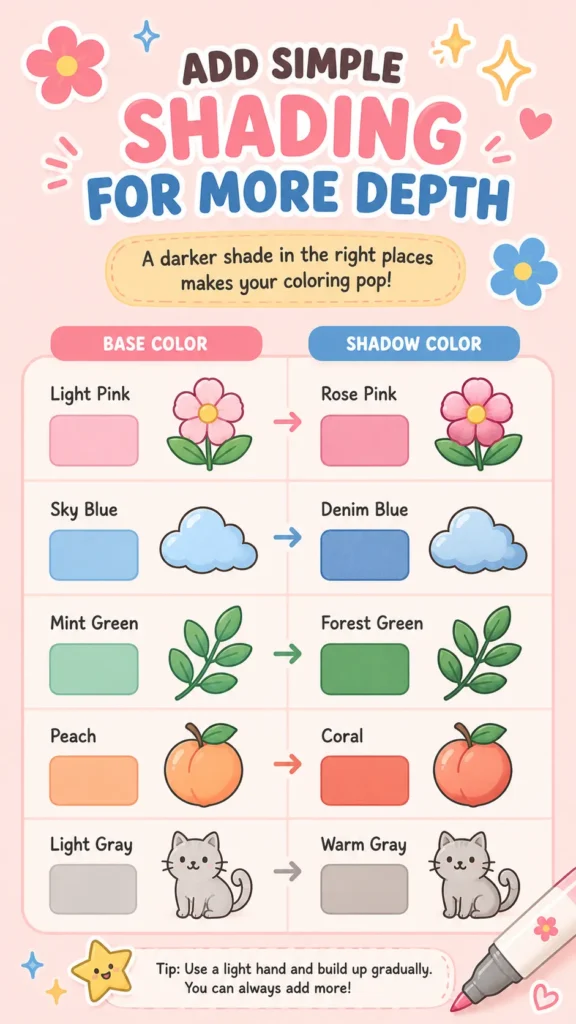 Beginner shading guide showing base colors and shadow colors for adding depth to coloring pages.