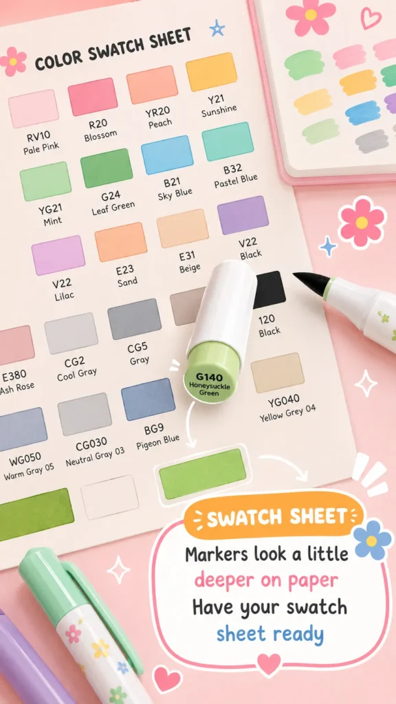 Color swatch sheet with alcohol markers showing why testing marker colors before coloring is helpful.