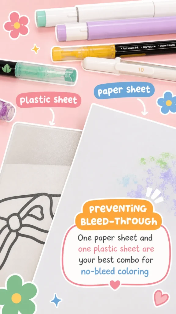 Plastic sheet and paper protector used behind coloring book pages to prevent alcohol marker bleed-through.