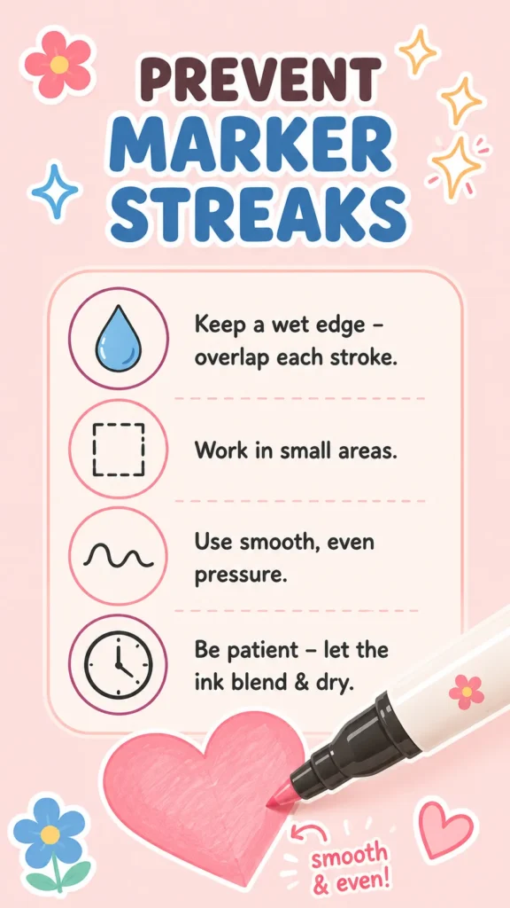 Beginner infographic showing simple tips to prevent streaks when using alcohol markers.