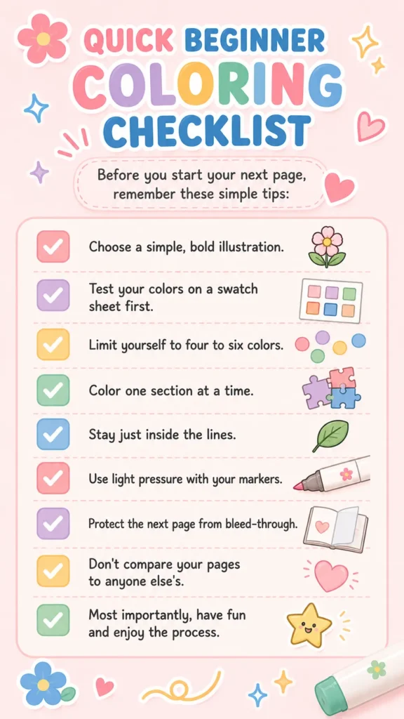 Printable beginner coloring checklist with simple tips for coloring pages using alcohol markers and colored pencils.